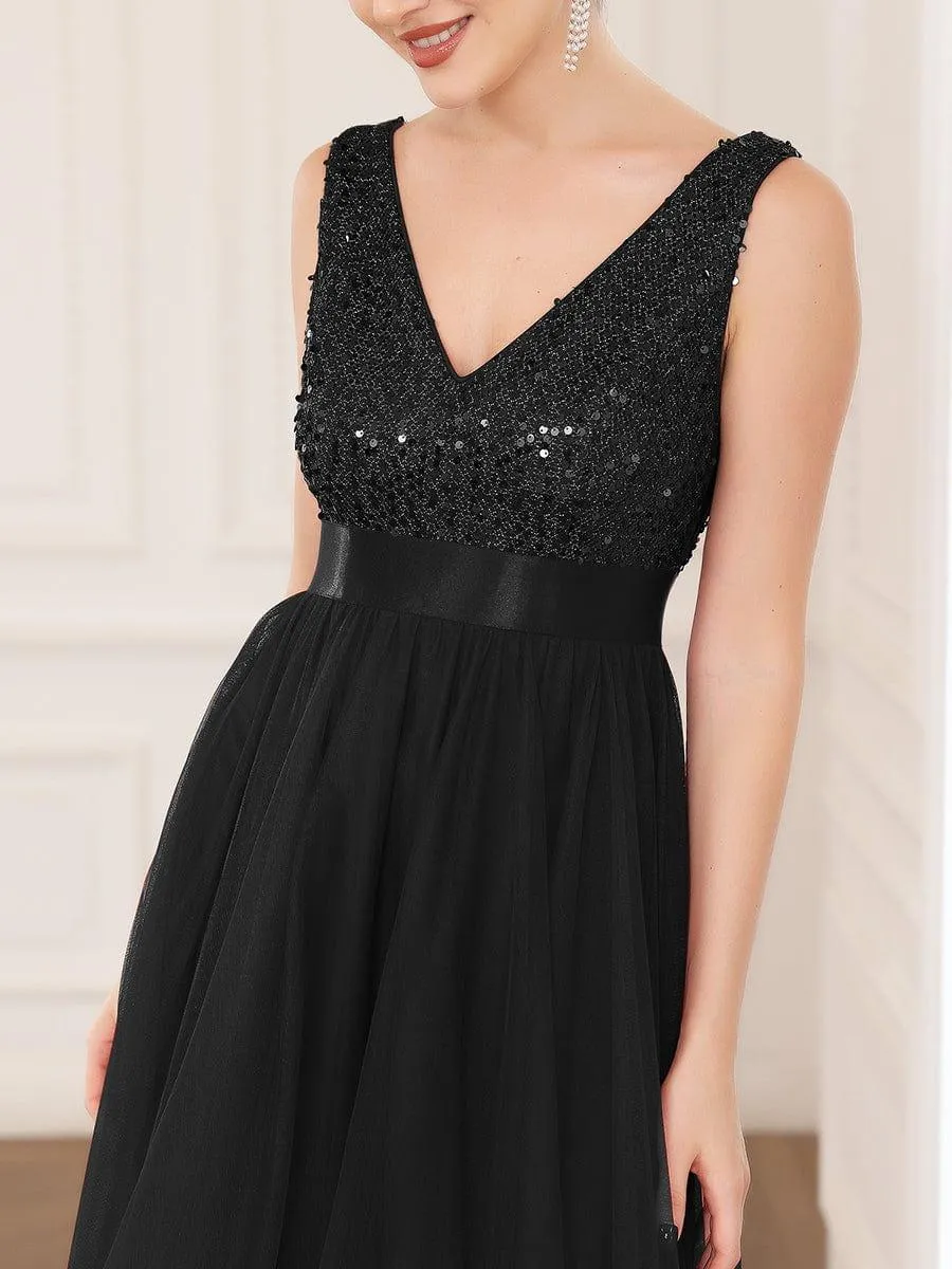 Robe de soirée haute basse sans manches à col en V et sequins