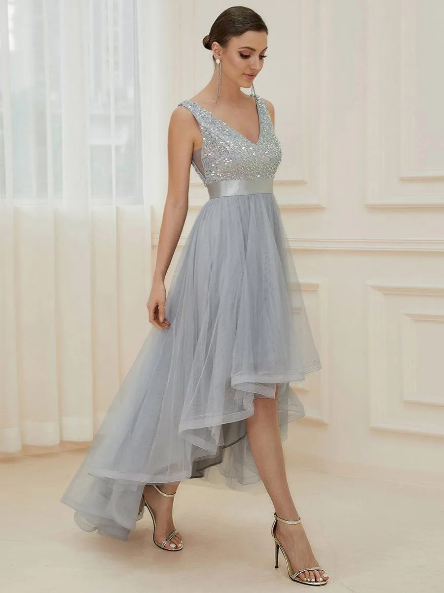 Robe de soirée haute basse sans manches à col en V et sequins