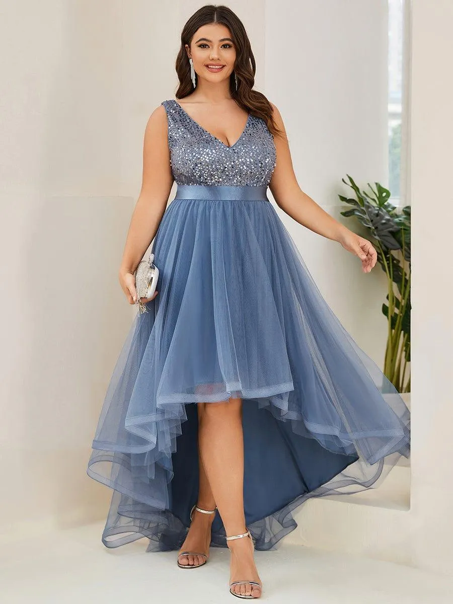 Robe de soirée haute basse sans manches à col en V et sequins