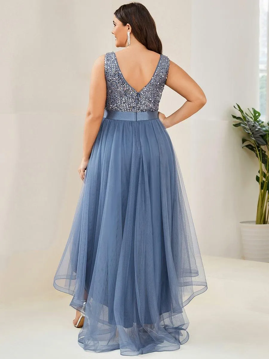 Robe de soirée haute basse sans manches à col en V et sequins