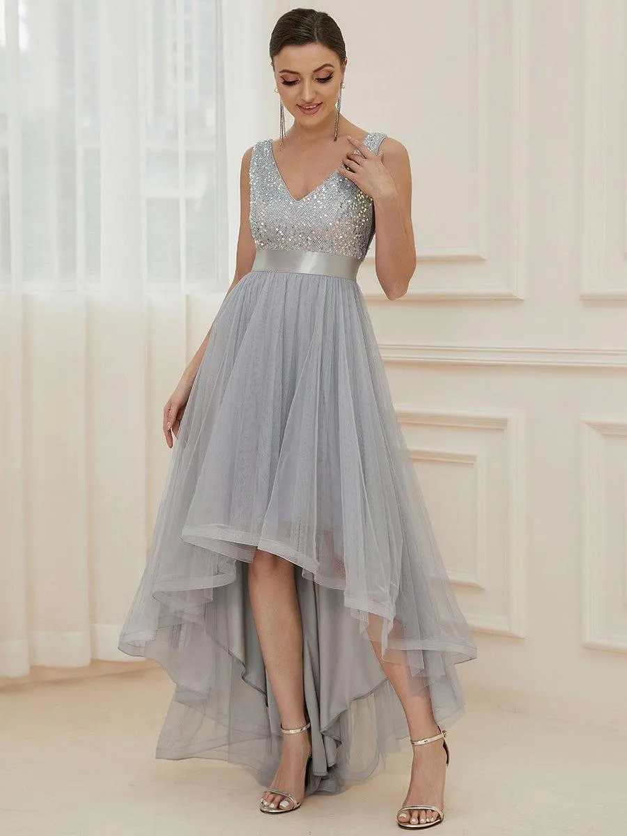 Robe de soirée haute basse sans manches à col en V et sequins