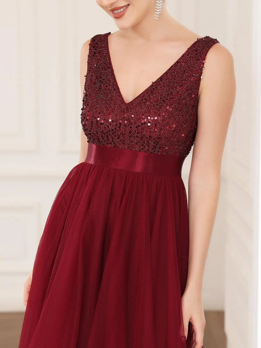 Robe de soirée haute basse sans manches à col en V et sequins