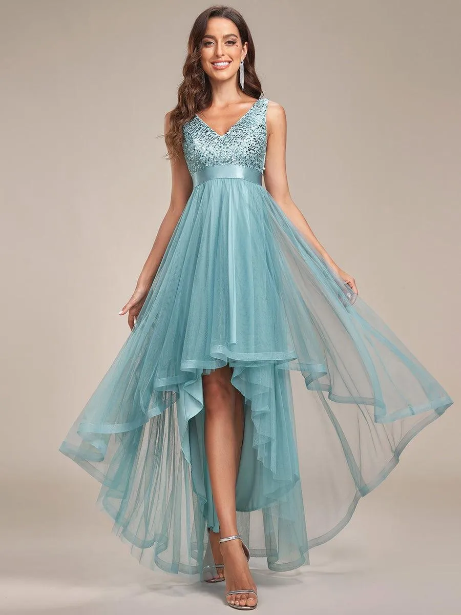 Robe de soirée haute basse sans manches à col en V et sequins