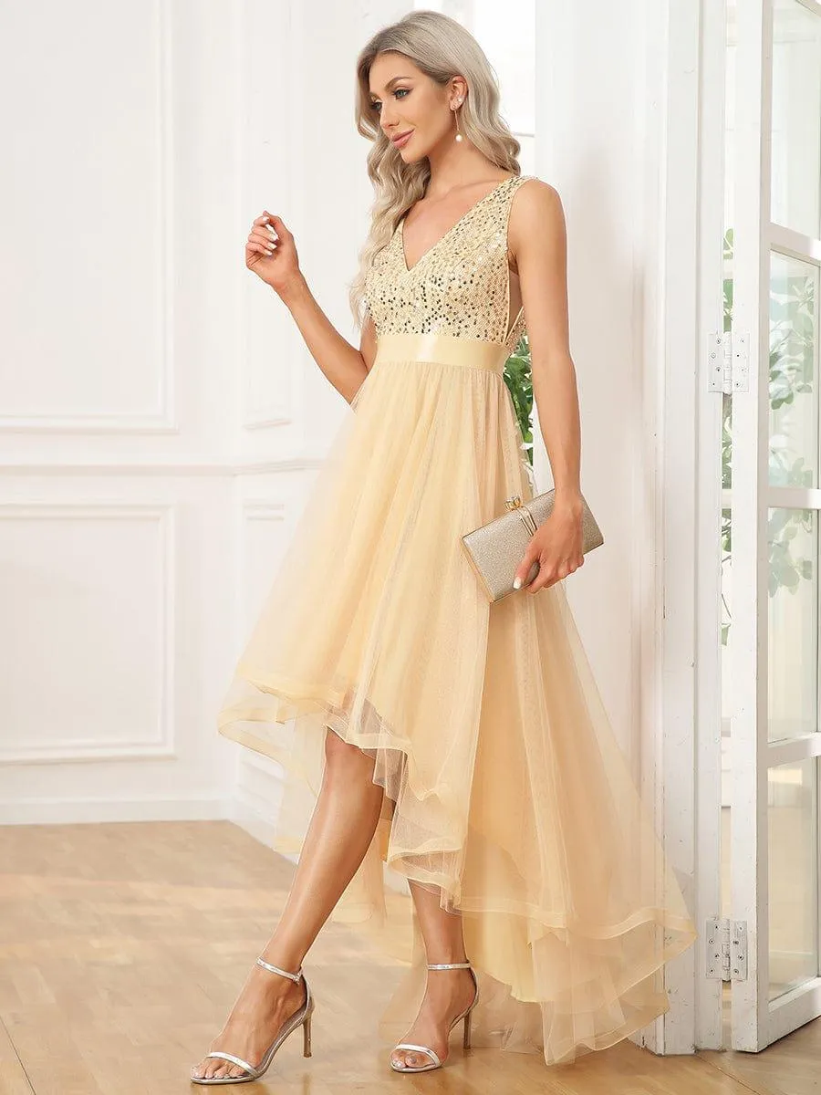 Robe de soirée haute basse sans manches à col en V et sequins