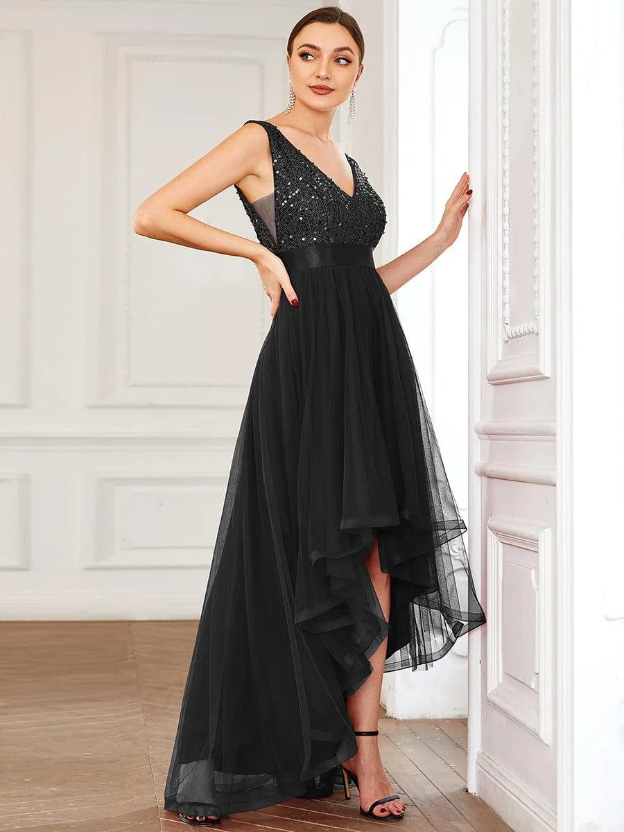 Robe de soirée haute basse sans manches à col en V et sequins