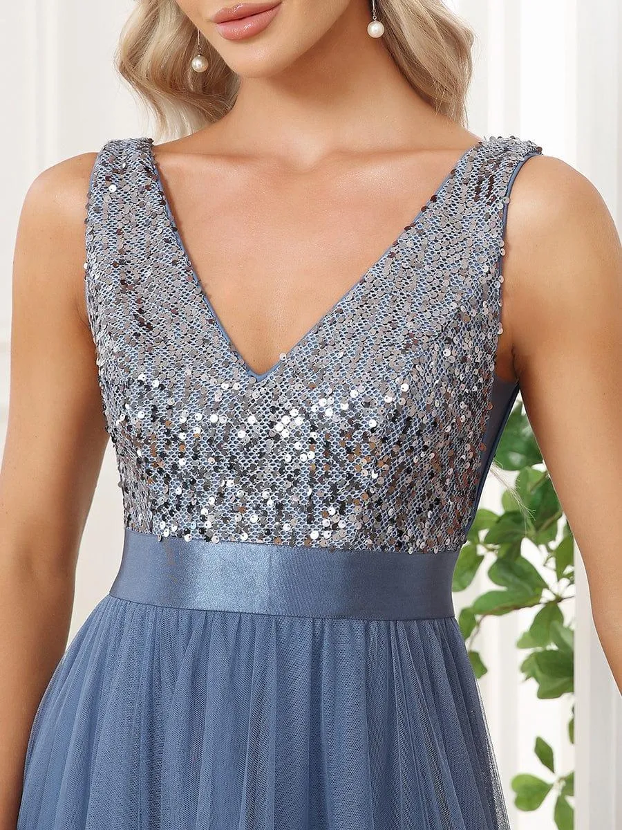 Robe de soirée haute basse sans manches à col en V et sequins