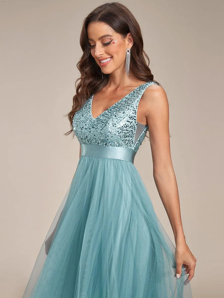 Robe de soirée haute basse sans manches à col en V et sequins