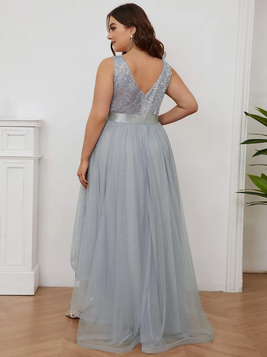 Robe de soirée haute basse sans manches à col en V et sequins