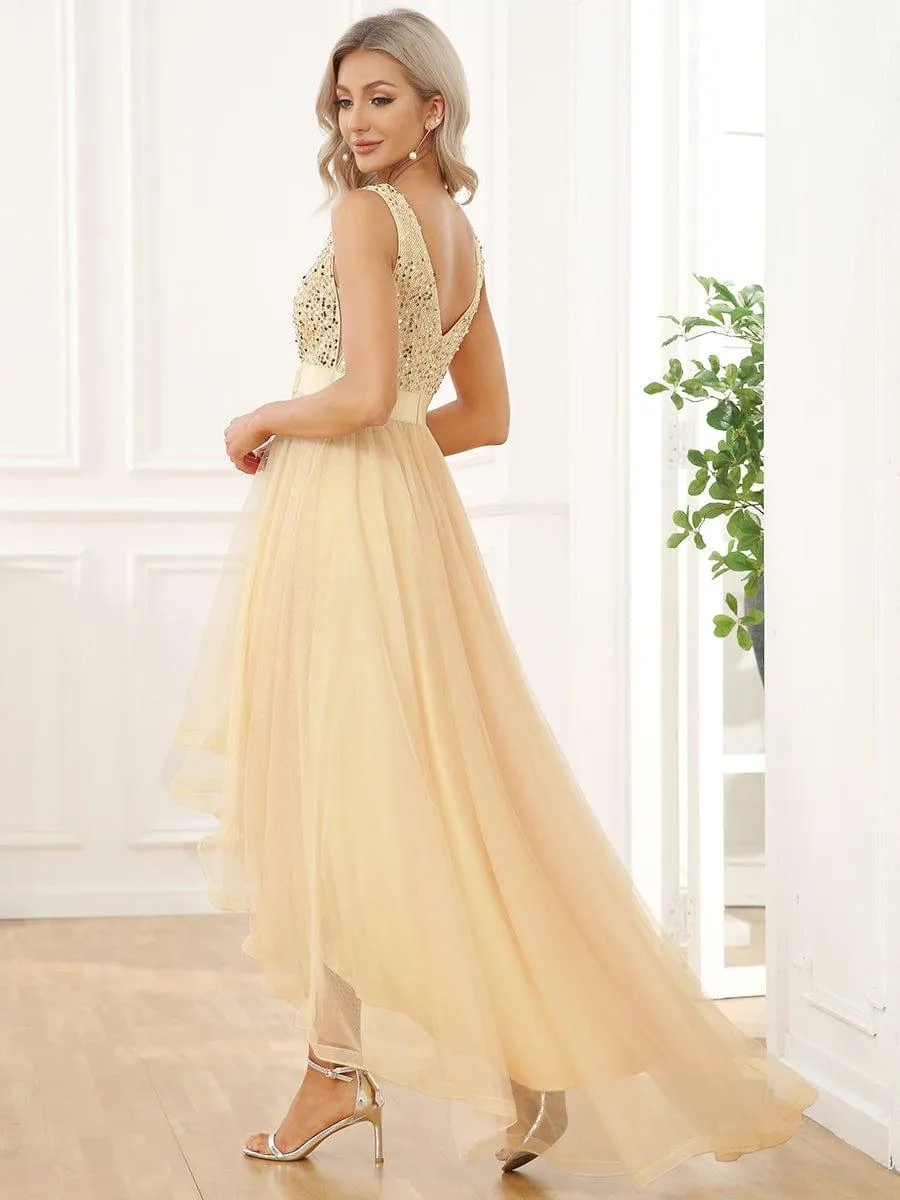 Robe de soirée haute basse sans manches à col en V et sequins