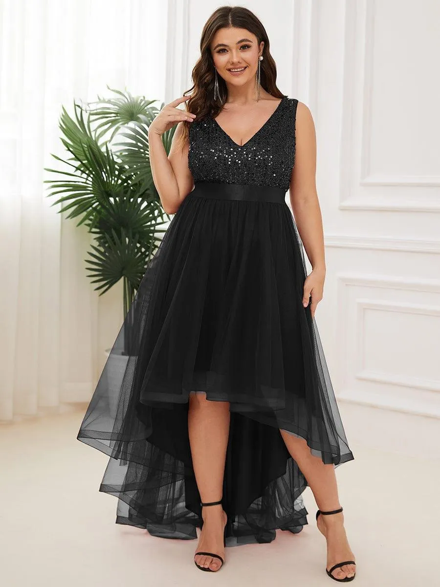 Robe de soirée haute basse sans manches à col en V et sequins