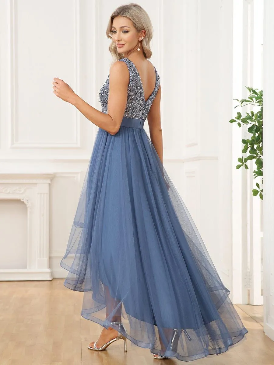 Robe de soirée haute basse sans manches à col en V et sequins