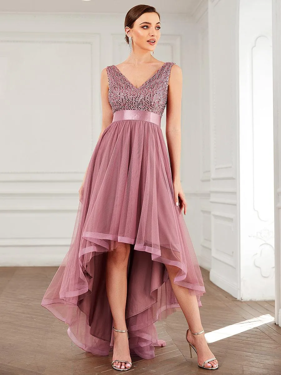 Robe de soirée haute basse sans manches à col en V et sequins
