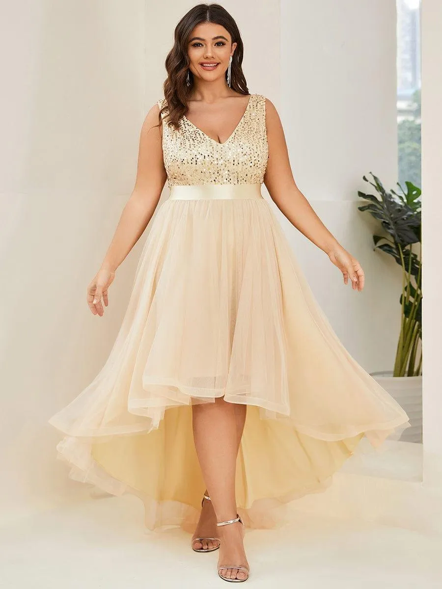 Robe de soirée haute basse sans manches à col en V et sequins