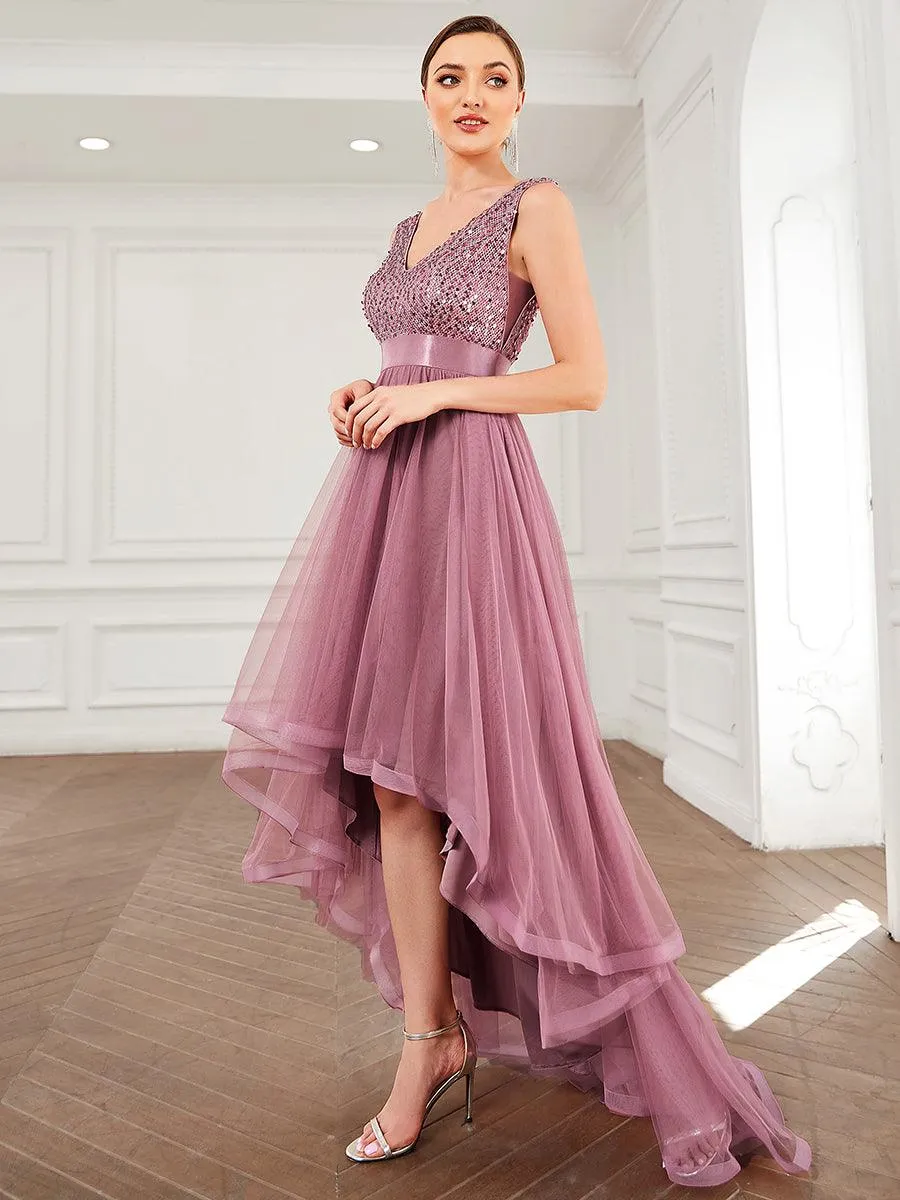 Robe de soirée haute basse sans manches à col en V et sequins