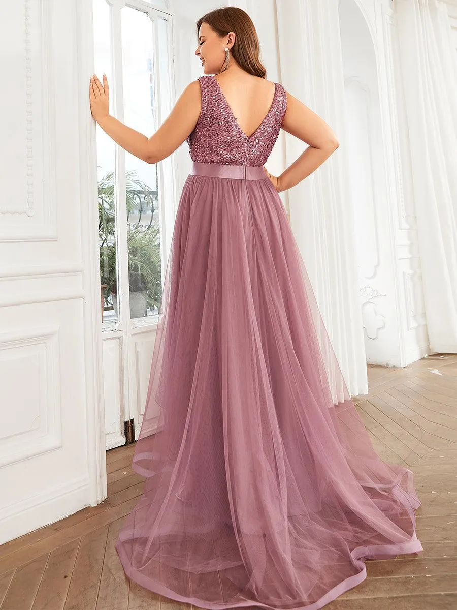 Robe de soirée haute basse sans manches à col en V et sequins