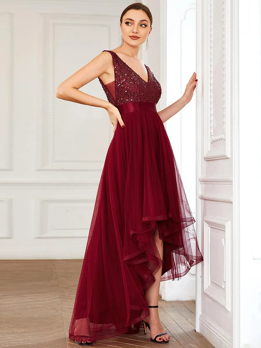 Robe de soirée haute basse sans manches à col en V et sequins