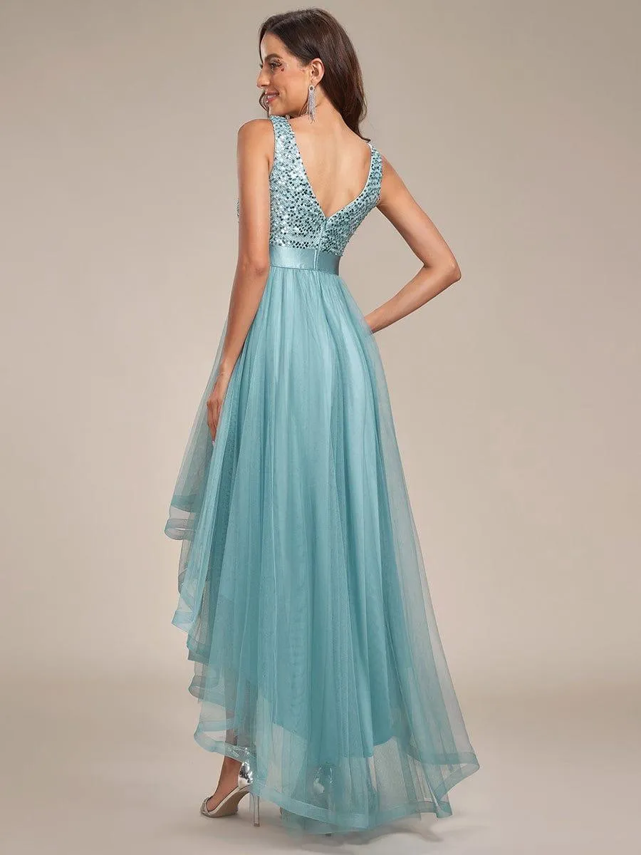 Robe de soirée haute basse sans manches à col en V et sequins