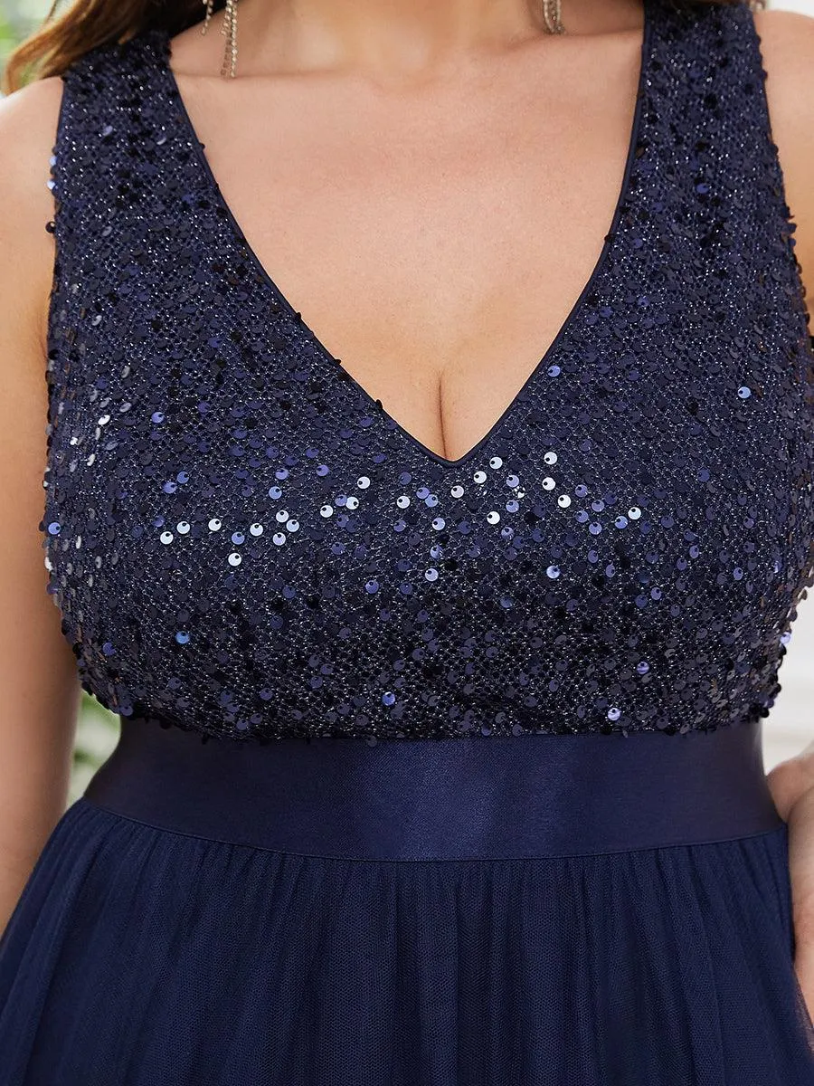 Robe de soirée haute basse sans manches à col en V et sequins