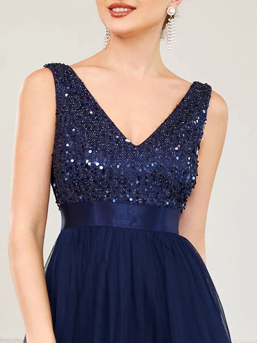 Robe de soirée haute basse sans manches à col en V et sequins