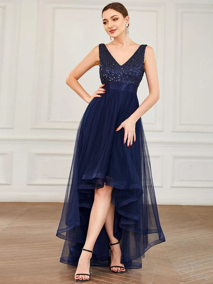 Robe de soirée haute basse sans manches à col en V et sequins