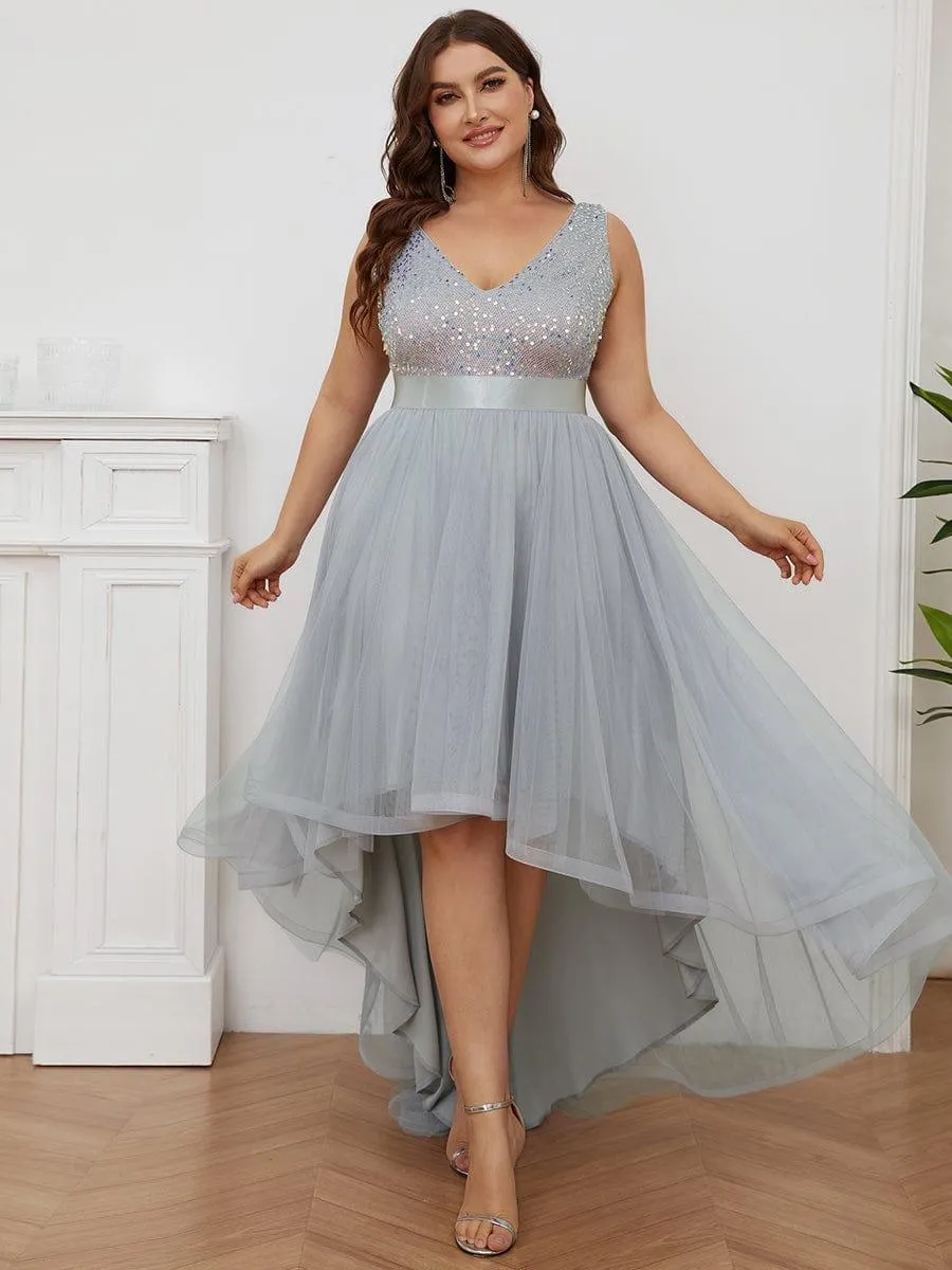 Robe de soirée haute basse sans manches à col en V et sequins
