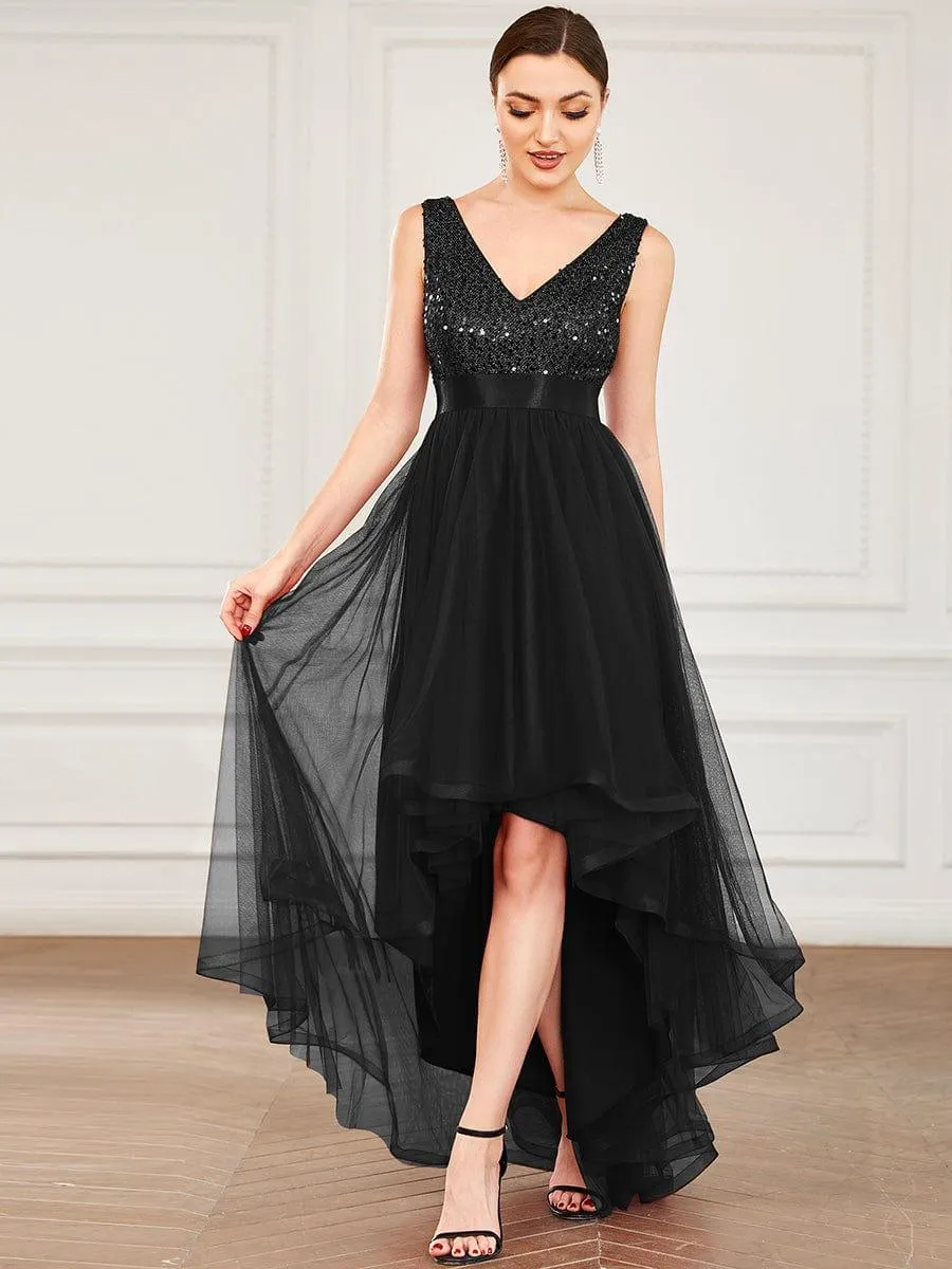 Robe de soirée haute basse sans manches à col en V et sequins