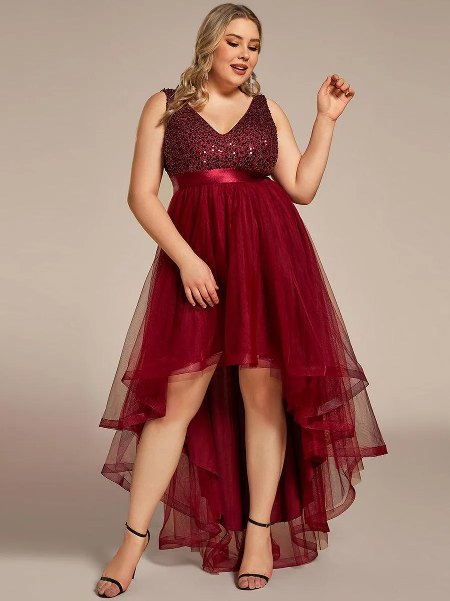 Robe de soirée haute basse sans manches à col en V et sequins