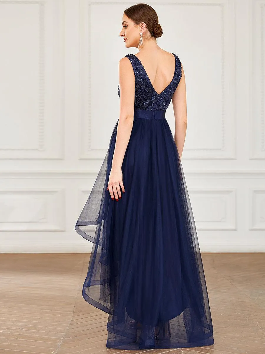 Robe de soirée haute basse sans manches à col en V et sequins