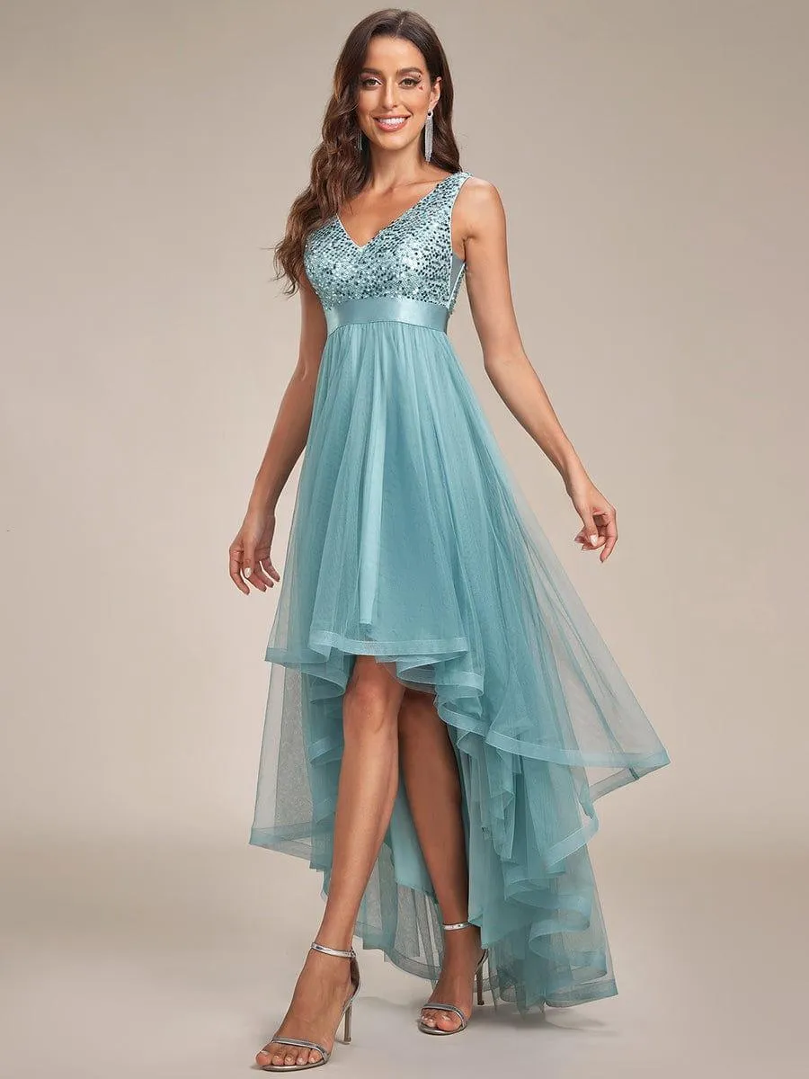 Robe de soirée haute basse sans manches à col en V et sequins