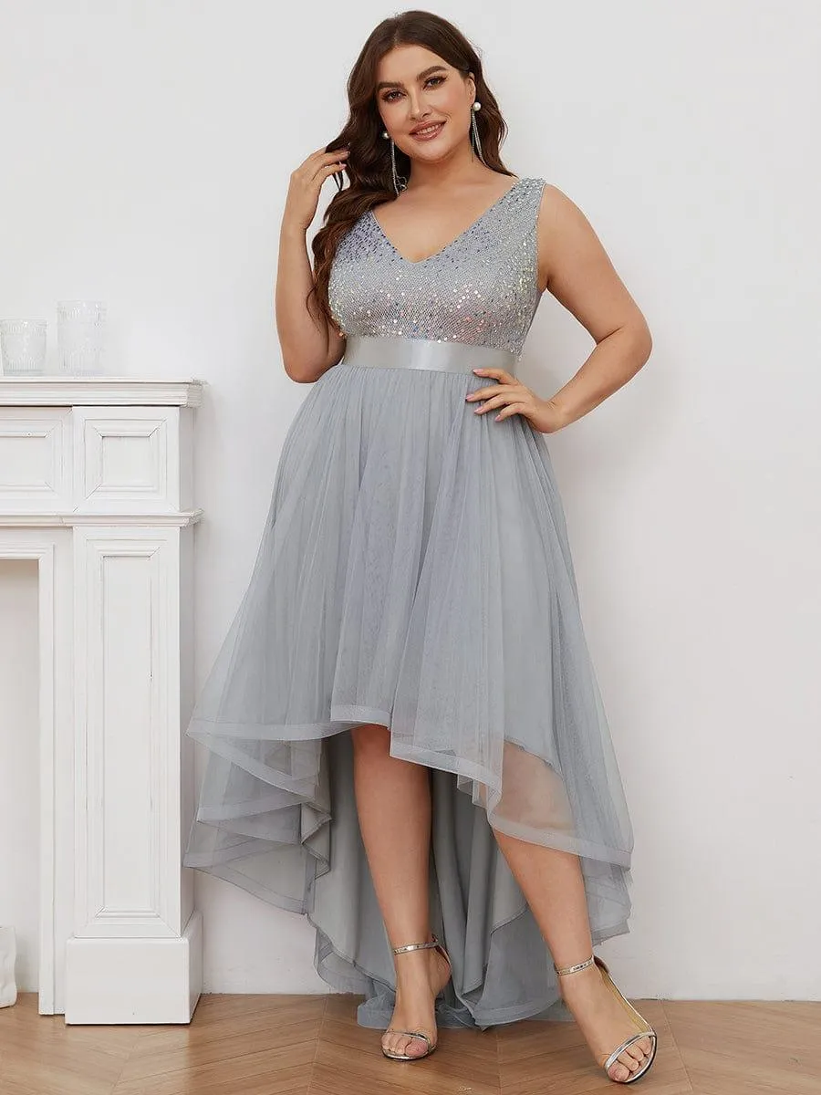 Robe de soirée haute basse sans manches à col en V et sequins