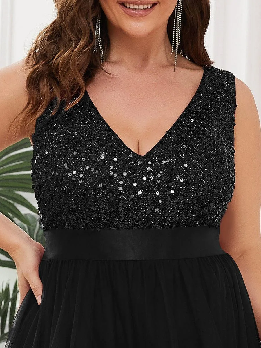 Robe de soirée haute basse sans manches à col en V et sequins