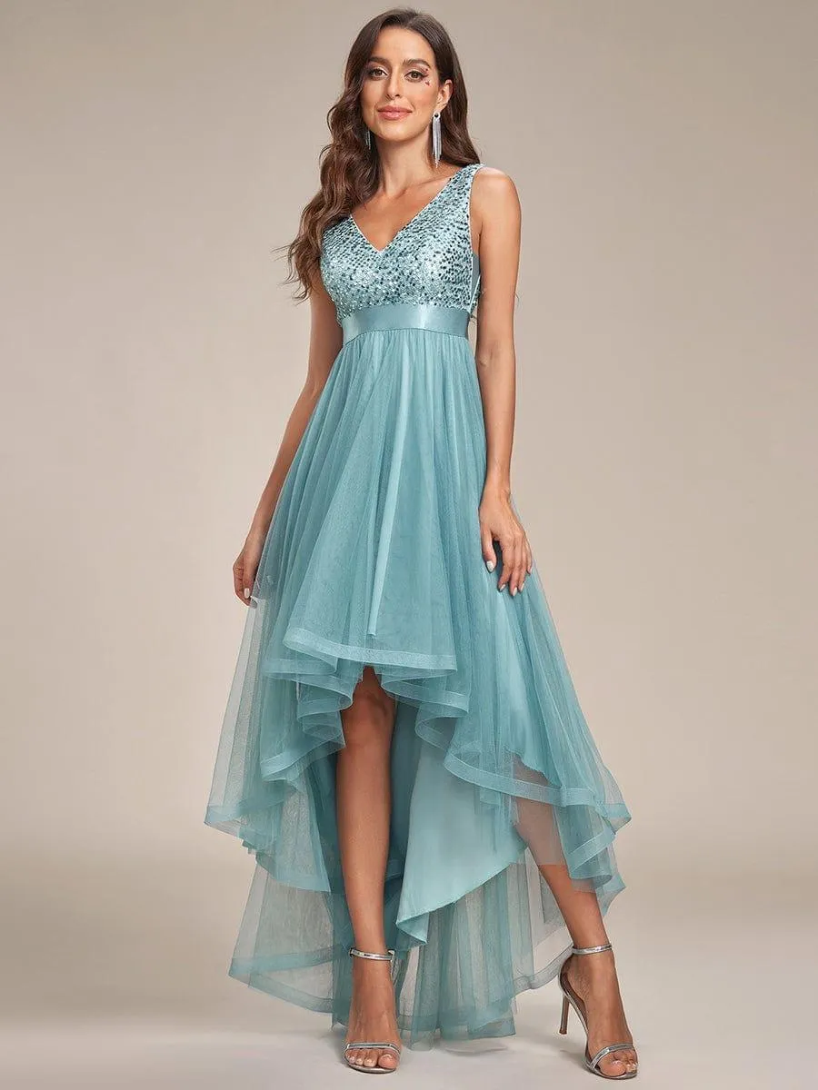 Robe de soirée haute basse sans manches à col en V et sequins
