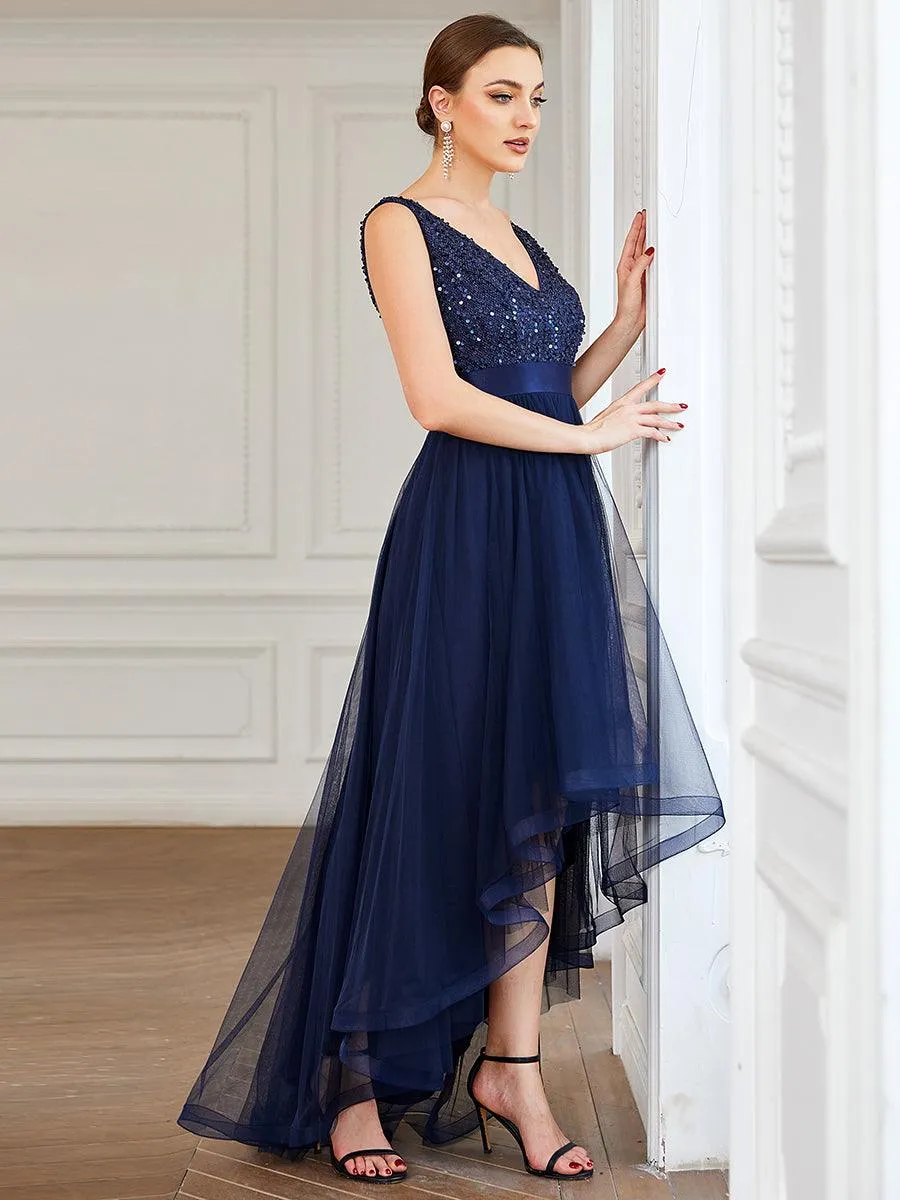 Robe de soirée haute basse sans manches à col en V et sequins