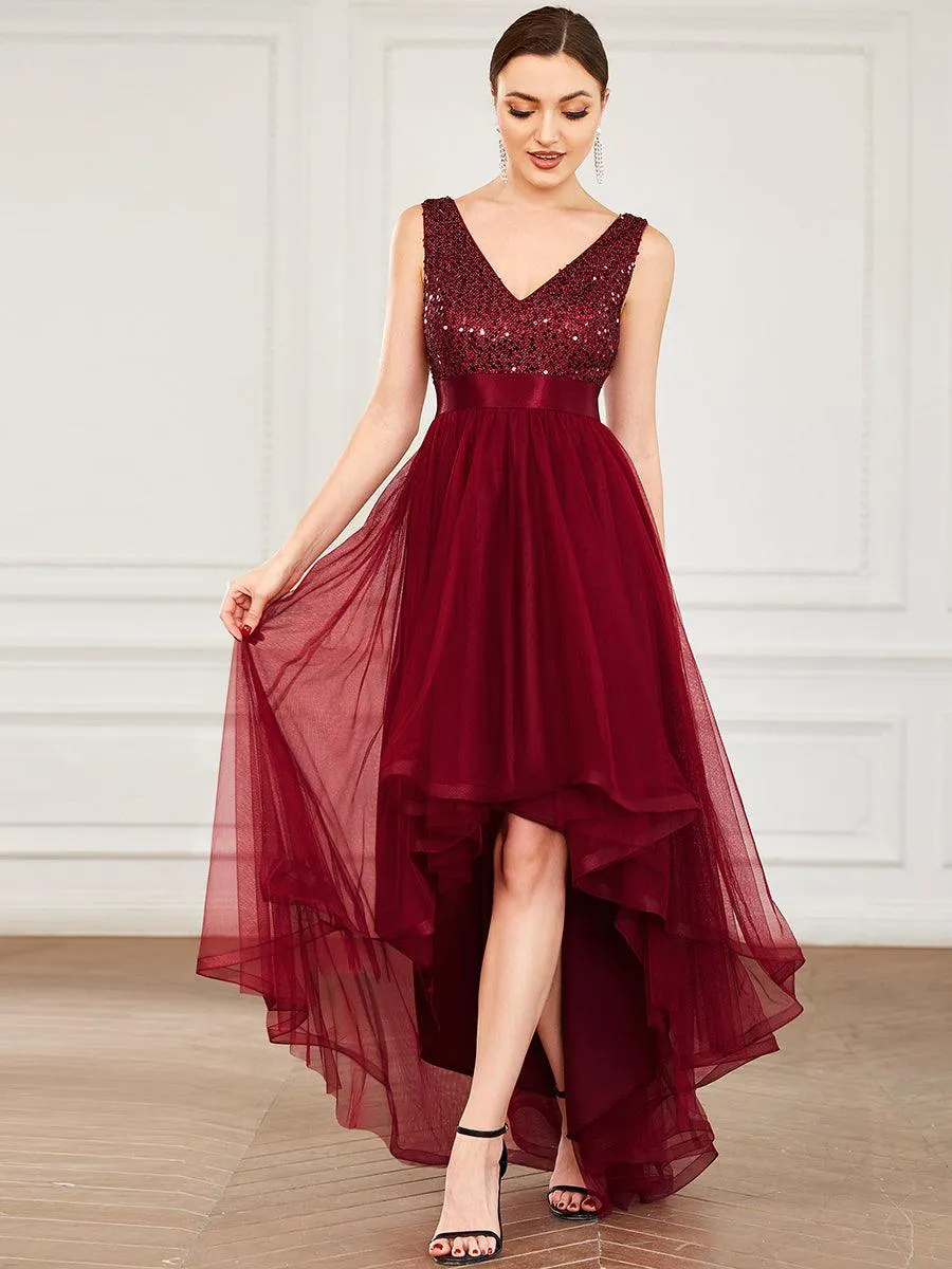 Robe de soirée haute basse sans manches à col en V et sequins
