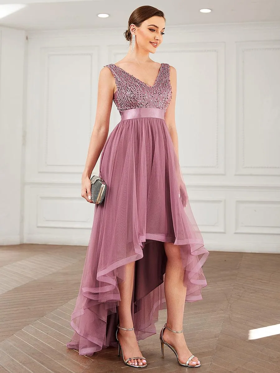 Robe de soirée haute basse sans manches à col en V et sequins