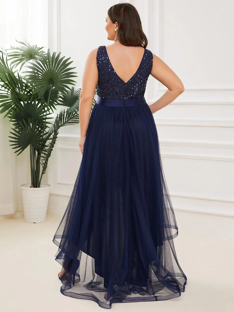 Robe de soirée haute basse sans manches à col en V et sequins