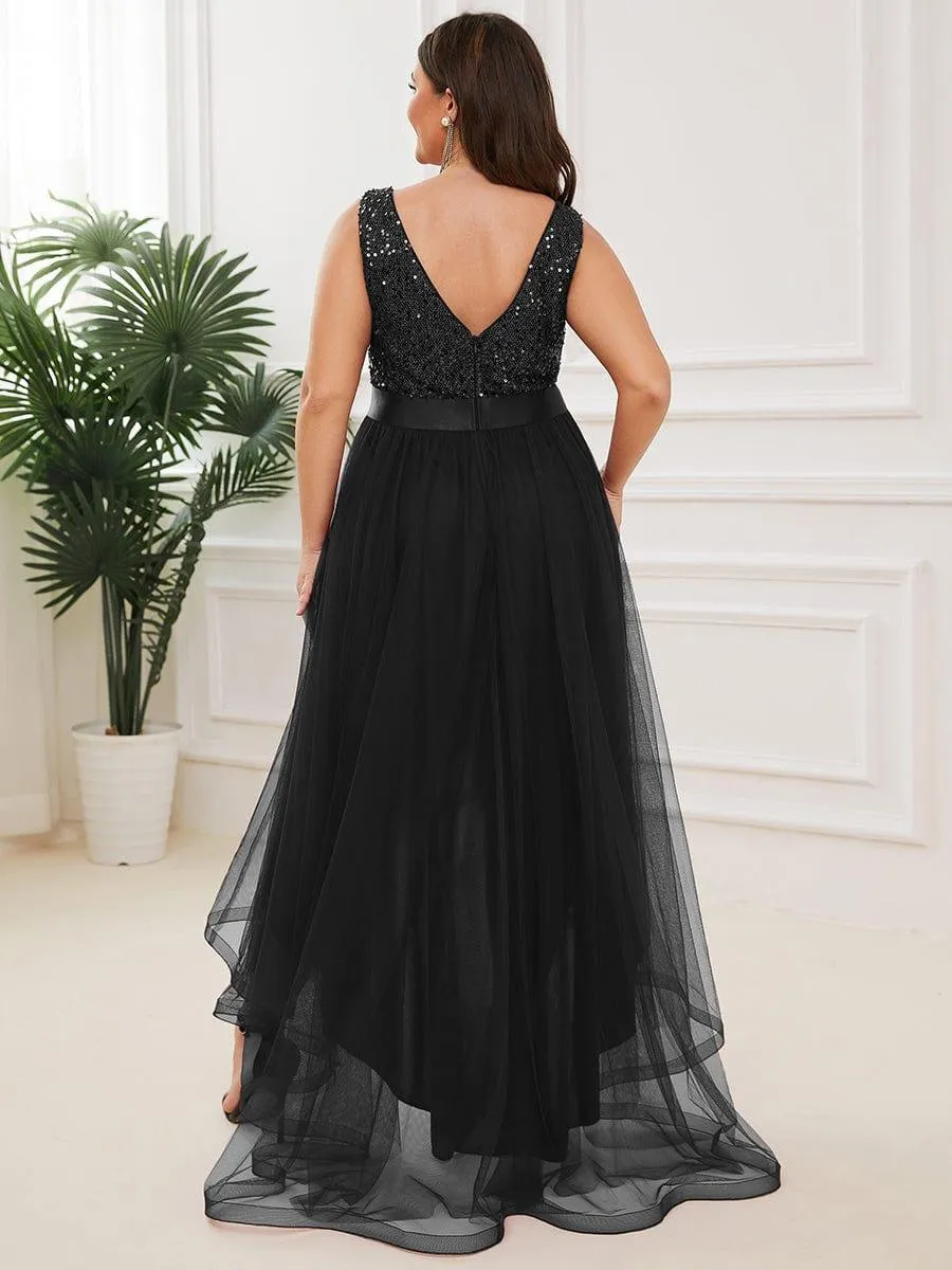 Robe de soirée haute basse sans manches à col en V et sequins