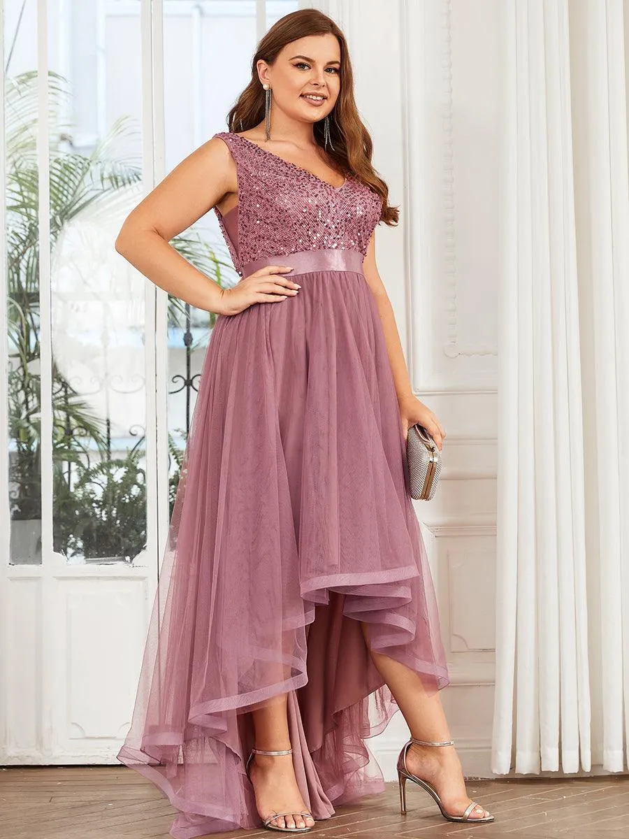 Robe de soirée haute basse sans manches à col en V et sequins