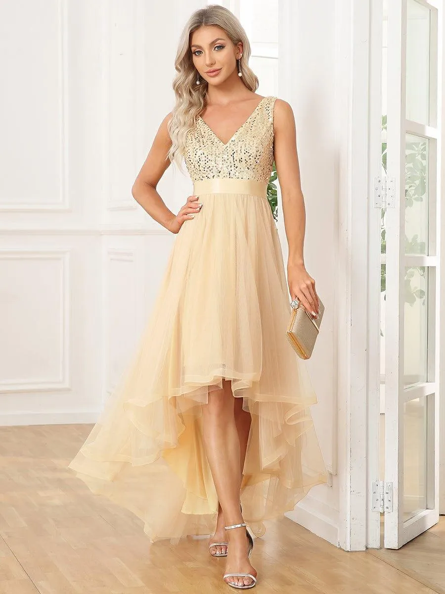 Robe de soirée haute basse sans manches à col en V et sequins