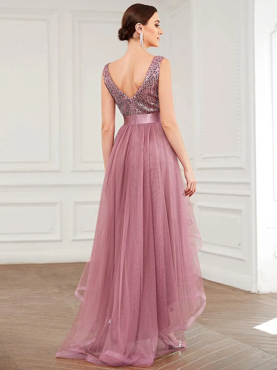 Robe de soirée haute basse sans manches à col en V et sequins