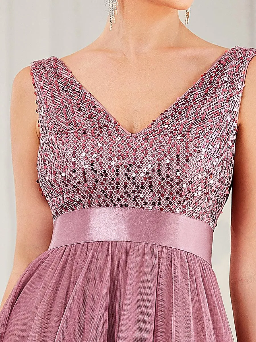Robe de soirée haute basse sans manches à col en V et sequins