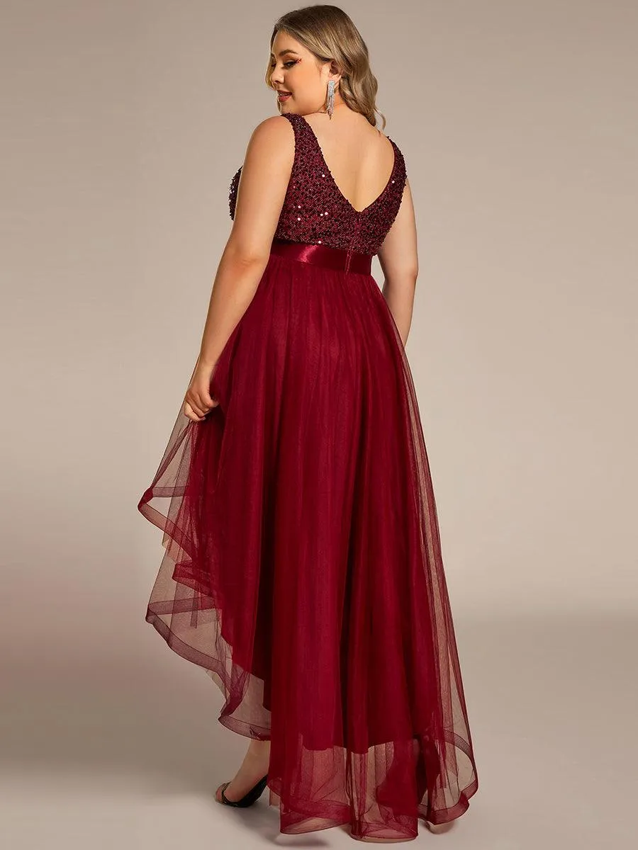 Robe de soirée haute basse sans manches à col en V et sequins