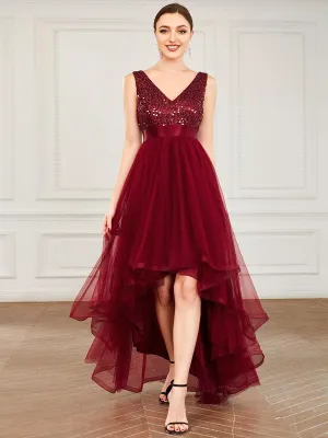 Robe de soirée haute basse sans manches à col en V et sequins