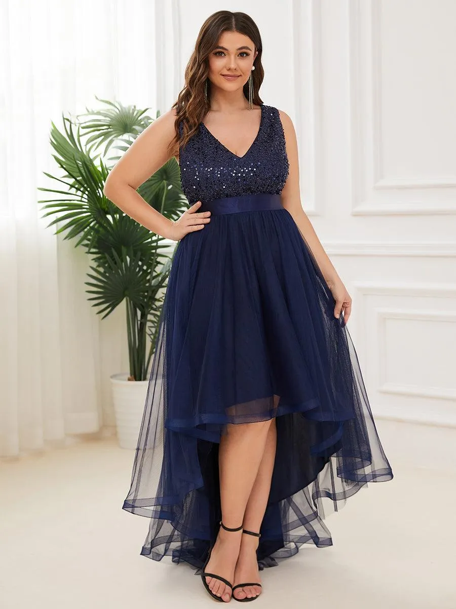 Robe de soirée haute basse sans manches à col en V et sequins