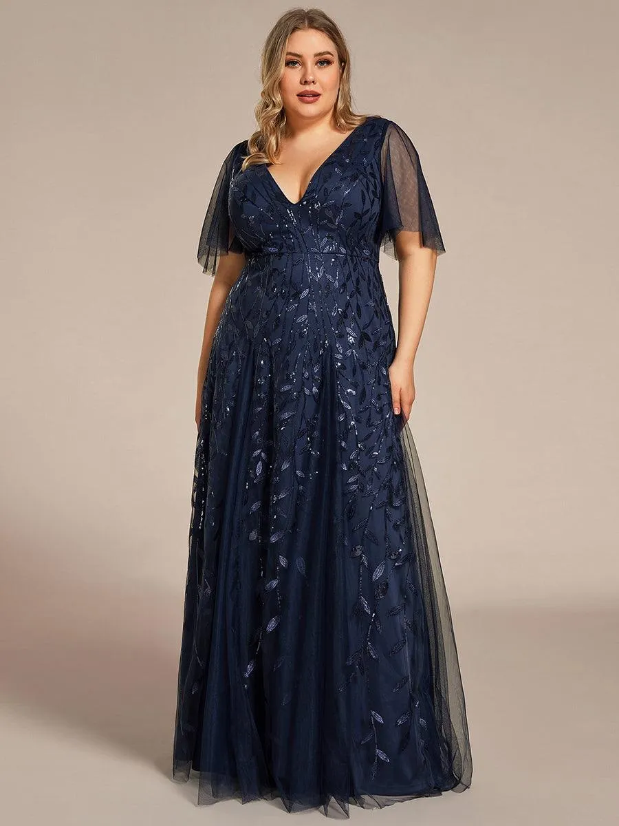 Robe de Soirée Longue Romantique et Scintillante à Col V et Pailletes