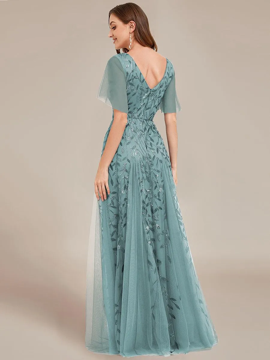 Robe de Soirée Longue Romantique et Scintillante à Col V et Pailletes
