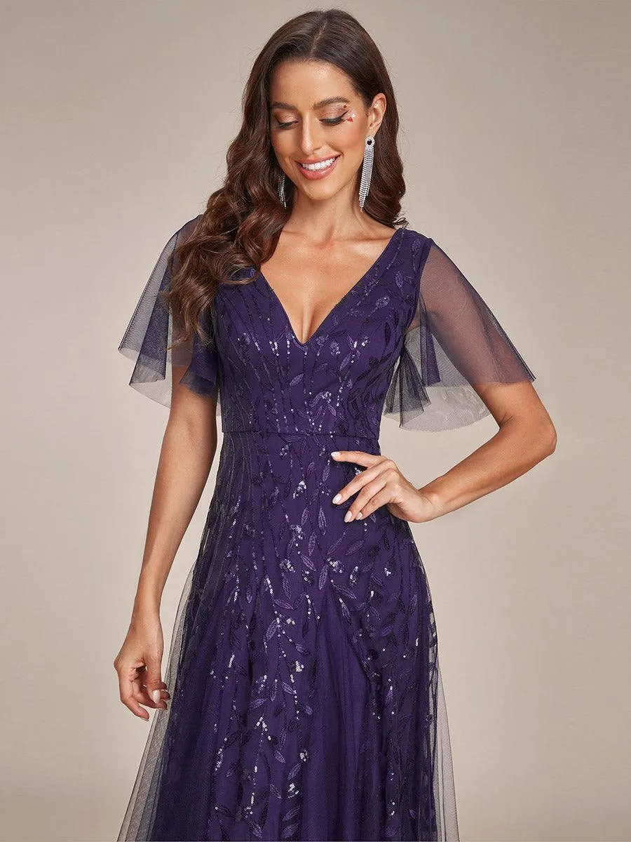 Robe de Soirée Longue Romantique et Scintillante à Col V et Pailletes