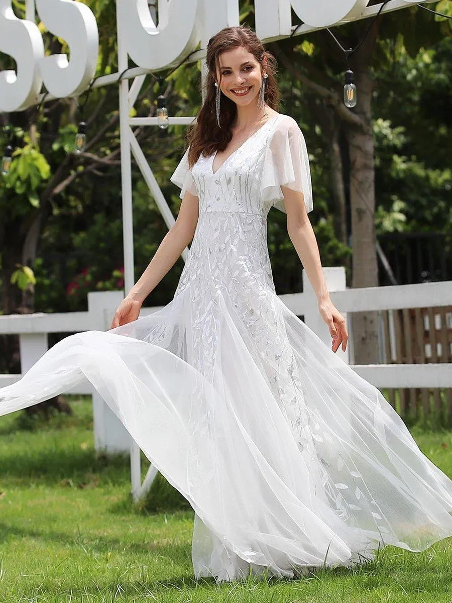Robe de Soirée Longue Romantique et Scintillante à Col V et Pailletes