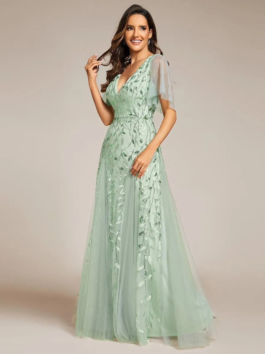 Robe de Soirée Longue Romantique et Scintillante à Col V et Pailletes