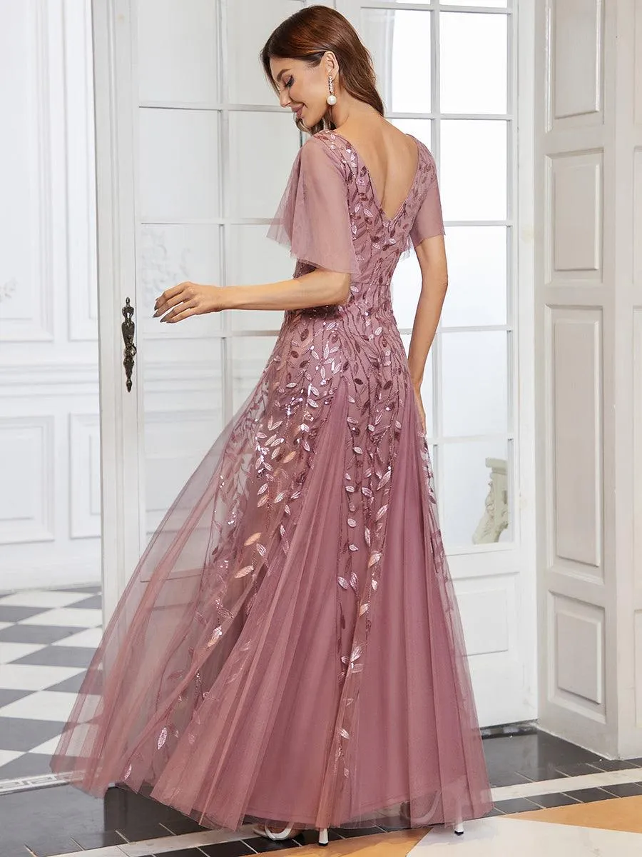 Robe de Soirée Longue Romantique et Scintillante à Col V et Pailletes
